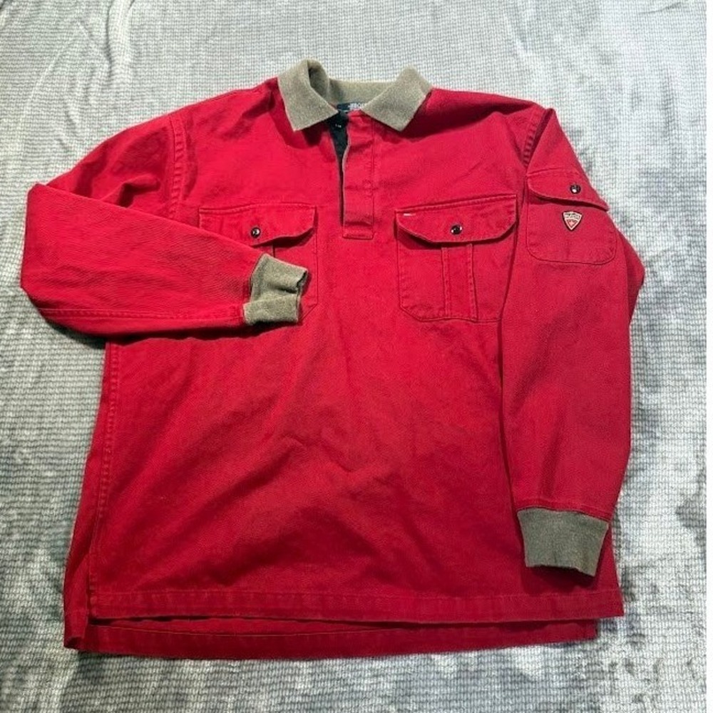 Vintage Tommy Hilfiger Mens Red Cotton Rugby Polo Shirt Utility Pockets Medium